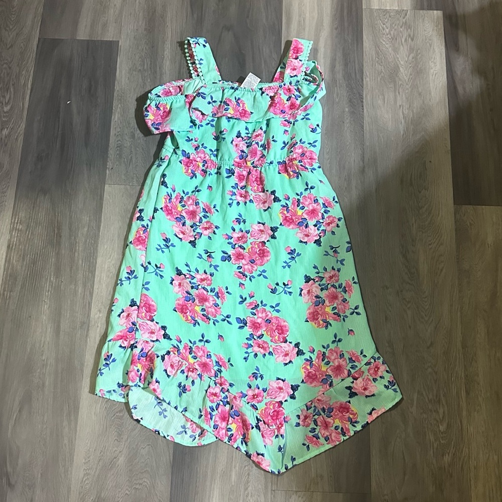 Wonder Nation Girls A-Line Dress Blue Pink Floral Cold Shoulder Pom Pom Trim L